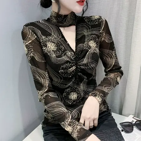 气质钉珠打底衫女秋冬性感镂空加绒半高领上衣印花网纱长袖T恤女商品大图