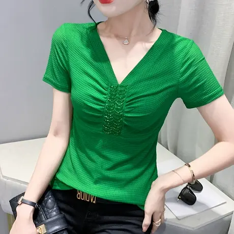 欧货性感网纱上衣女短袖夏天气质V领修身百搭小衫时尚别致钉珠T恤图片