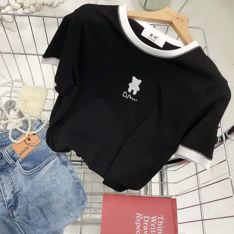 小个子短袖上衣夏季新款韩国东大门设计感亮片刺绣撞色T恤显瘦女商品大图