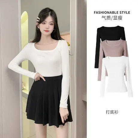 乡美媚加绒打底圆领长袖t恤女冬外穿内搭打底衫纯色舒适透气上衣商品大图