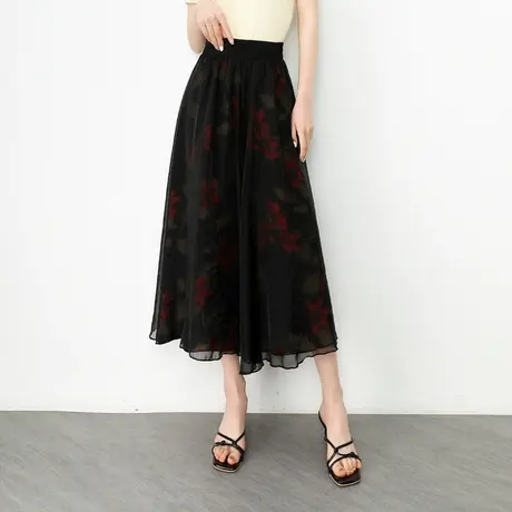 印花欧根纱裙裤大摆阔腿裤女夏季2023新款松紧腰休闲八九分裤甩裤图片