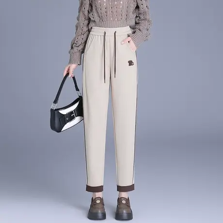 韩版毛呢哈伦裤女秋冬2023新款松紧高腰遮胯显瘦小个子休闲萝卜裤商品大图