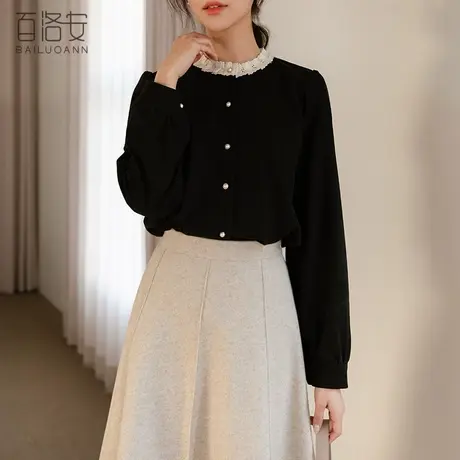 百洛安蕾丝领拼接衬衫女2024春季新款时尚单排扣宽松长袖衬衫上衣商品大图