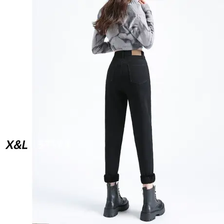 黑色哈伦牛仔裤女秋冬2023新款加绒加厚高腰大码显瘦萝卜老爹裤子商品大图