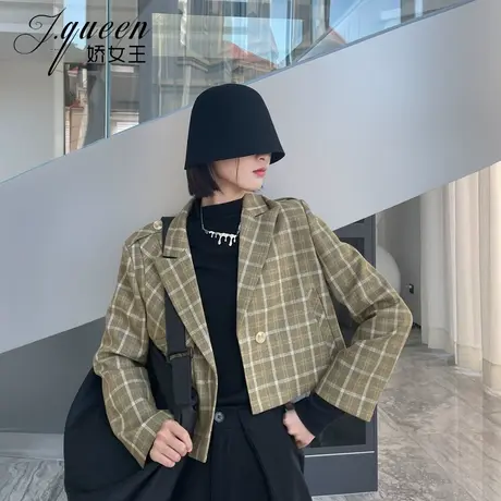 格子西装外套女短款小个子春季新款复古格纹英伦风宽松休闲小西服商品大图