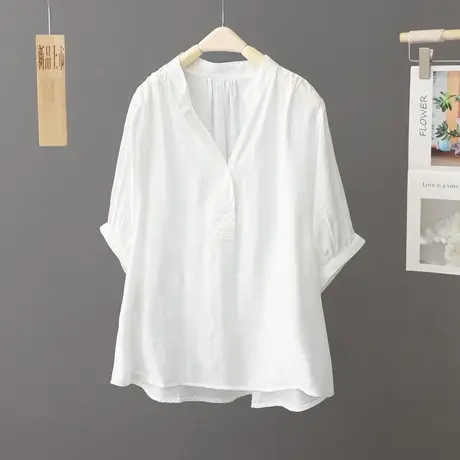 设计感小众上衣V领白色衬衫女短袖薄款夏季2024新款宽松衬衣小衫图片