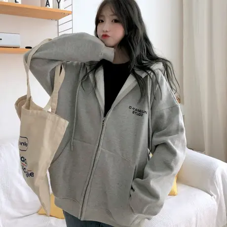 waitmore卫衣女秋冬韩版潮ins宽松bf慵懒风加绒加厚百搭拉链外套商品大图