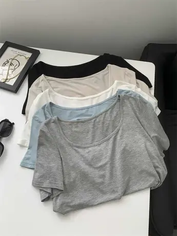 基础款垂感方领薄款莫代尔短袖T恤女夏季修身显瘦短款打底衫上衣图片