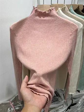 木耳边半高领显瘦长袖针织衫女上衣2023秋冬新款内搭打底衫毛衣潮图片