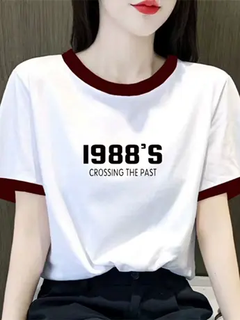 仿棉短袖t恤女2023新款夏季小众设计感正肩洋气遮肉显瘦撞色上衣图片