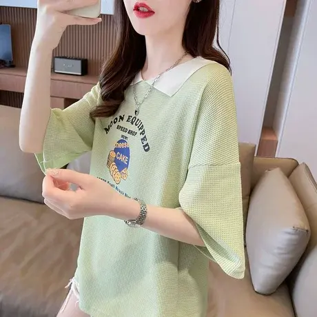 娃娃领短袖t恤女夏季韩版宽松大码翻领polo衫华夫格假两件上衣服图片
