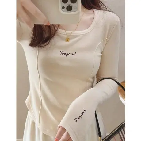 法式复古长袖T恤女秋冬2024新款双面德绒修身打底衫内搭加厚上衣商品大图