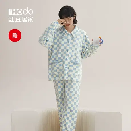 红豆居家【暖暖绒】睡衣女款套装海岛绒棋盘格可外穿家居服秋冬季商品大图