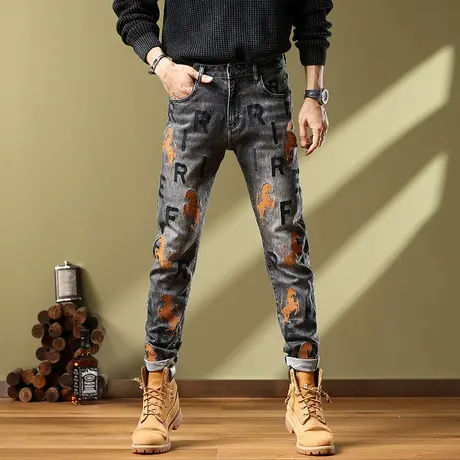 美式复古牛仔裤男款修身小脚破洞牛仔裤男拼接潮流男款牛仔裤商品大图