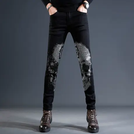 高级烫钻牛仔裤男2023秋冬新款修身小脚男士黑色弹力潮流休闲裤子商品大图
