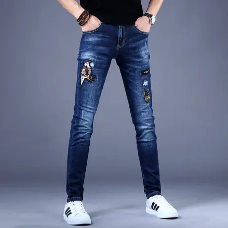 男士刺绣牛仔裤男款秋冬潮流高档潮牌休闲男裤修身小脚深蓝色裤子商品大图