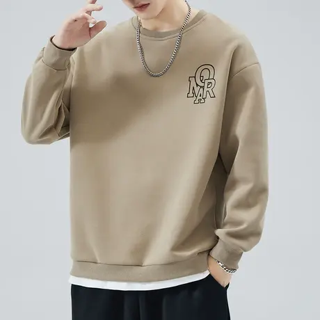 秋季男款卡其色潮牌印花圆领卫衣春秋款假两件痞帅重磅长袖上衣服商品大图