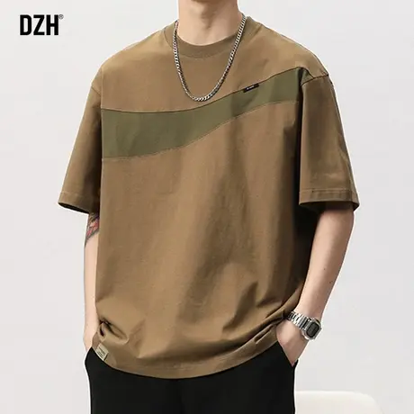 男士撞色t恤男短袖纯棉美式潮牌宽松圆领上衣男装2023新款体恤衫商品大图