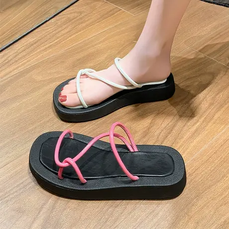 时尚罗马绑带拖鞋夏季女外穿2023年新款露趾网红超火厚底一字凉拖图片