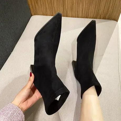 黑色高跟短靴女2024年秋冬季新款弹力显瘦单靴网红尖头粗跟瘦瘦靴图片