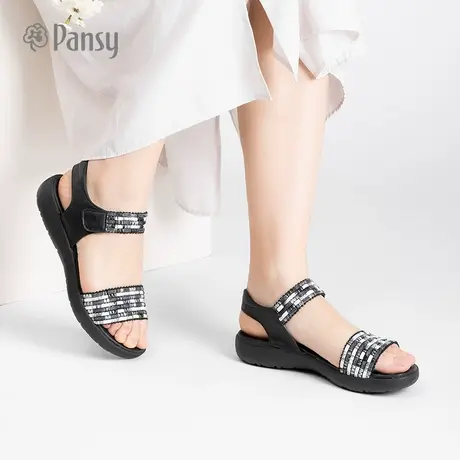 Pansy女士凉鞋时尚运动百搭厚底防滑编织拼色魔术贴一字式沙滩鞋商品大图