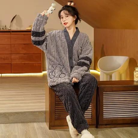 珊瑚绒睡衣女加厚秋冬季法兰绒秋冬款日系和服女士日式家居服冬天图片