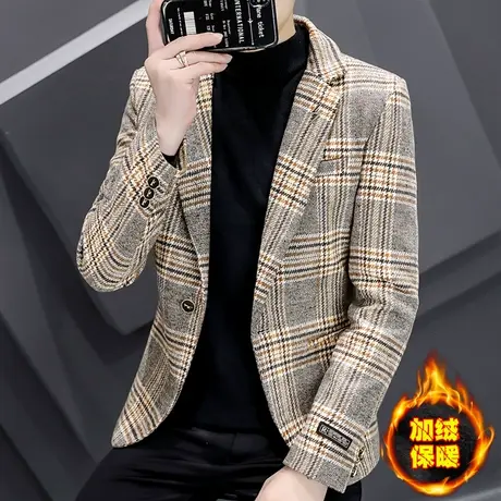 时尚英伦加绒加厚西服外套男士韩版秋冬季格子休闲毛呢子小西装潮图片