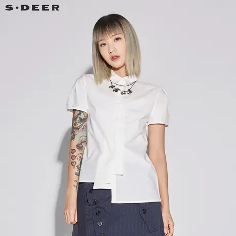 sdeer圣迪奥2019夏装女装优雅素白方领不规则摆短袖衬衫S18280415图片