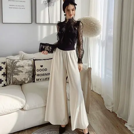 粉红大布娃娃阔腿裤女2022新款高腰宽松休闲裤气质垂坠感长裤百搭商品大图