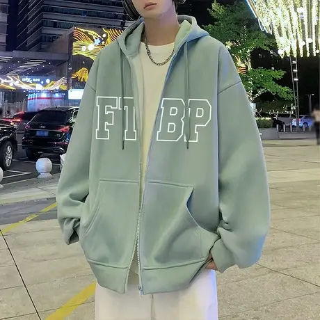 加绒开衫卫衣男春秋连帽情侣款潮牌重磅oversize美式大码高街外套商品大图