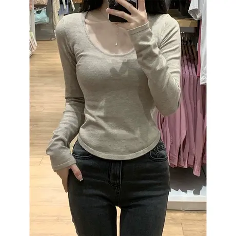 辣妹磨毛保暖长袖T恤女冬季修身显瘦内搭打底衫德绒U领上衣洋气商品大图