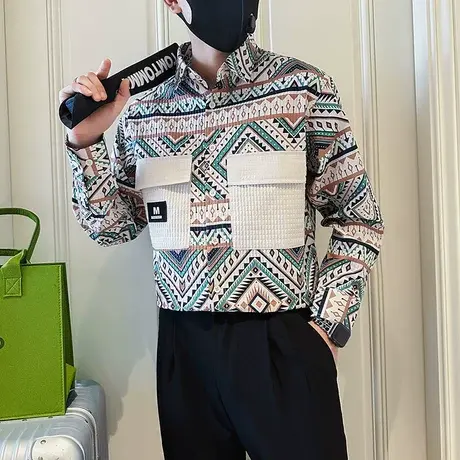 长袖衬衫男设计感小众满印花复古个性休闲花衬衣男发型师痞帅上衣商品大图