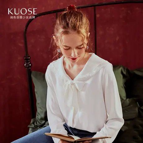 阔色2019春季新款韩版女装白色很仙甜美娃娃领蝴蝶结上衣衬衫图片
