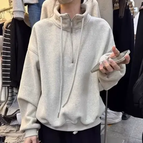 冬季加绒加厚德绒立领卫衣女韩版百搭半拉链设计感小众上衣外套潮图片