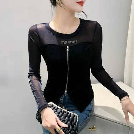 欧货时尚春装打底衫网纱不规则拼接拉链长袖洋气百塔上衣女T恤ins商品大图