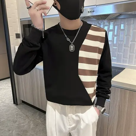 2023新款春秋季小众卫衣ins条纹拼色打底上衣痞帅高级感外套休闲商品大图