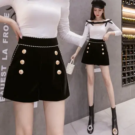 黑色短裤女2023秋冬新款双排扣金丝绒阔腿裤显瘦外穿a字百搭靴裤图片