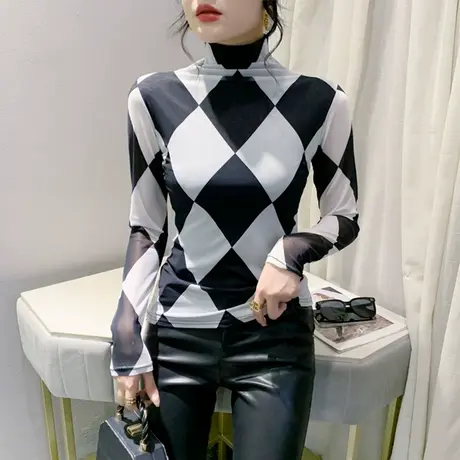 设计感网纱撞色印花长袖加绒打底衫半高领上衣女内塔修身显瘦T恤图片