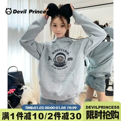 vintage古着感卡通印花灰色连帽卫衣女宽松通勤学院风超火上衣厚图片