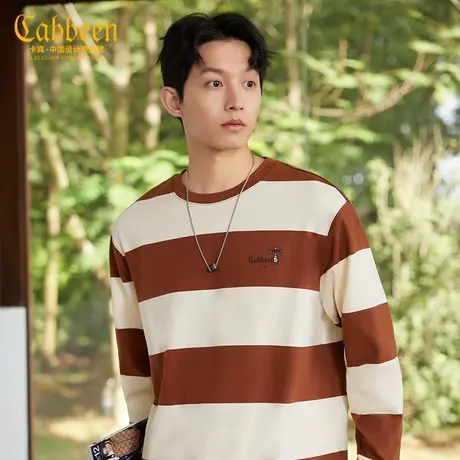 卡宾男装 条纹刺绣长袖T恤2024早春新款宽松套头上衣山系户外潮H图片
