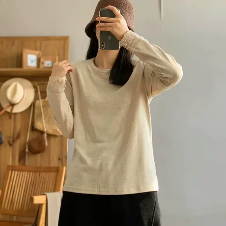 dza 复古短款长袖T恤女2024早春新款宽松打底衫休闲纯色内搭上衣图片