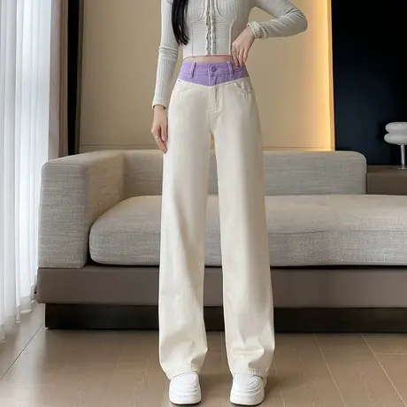 窄版阔腿裤牛仔裤女2024年春秋拼色撞色宽松显瘦小个子高腰直筒裤商品大图