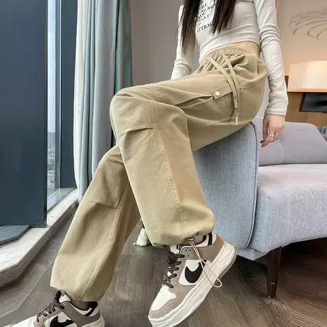 卡其色登山工装裤女2024年春秋新款小个子直筒美式显高显瘦休闲裤图片