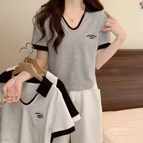 辣妹短款小个子V领短袖T恤女夏天韩版百搭修身显瘦POLO衫上衣半袖商品大图