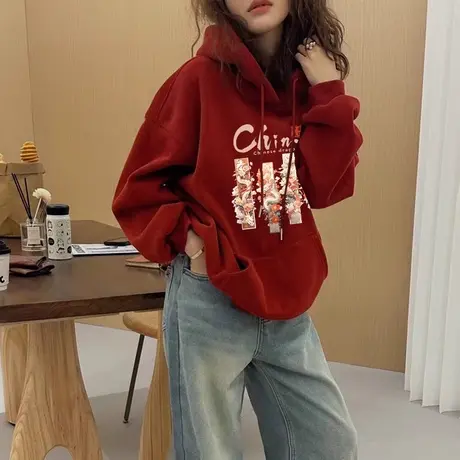港风chic休闲女装连帽卫衣大码小众上衣潮ins冬季加绒本命年外套商品大图