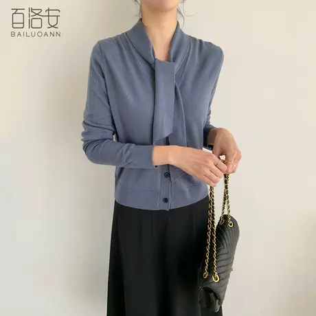 百洛安蝴蝶结系带针织开衫女春新款小众别致宽松休闲长袖毛衣外套商品大图