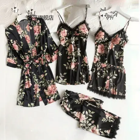 女士睡衣仿吊带睡宽松舒适蕾丝五件套家居服内衣睡袍图片