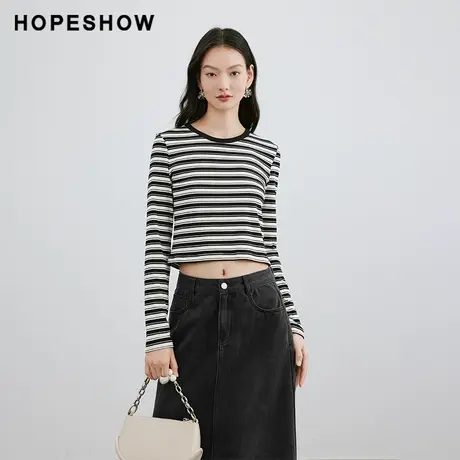 红袖设计感条纹圆领长袖hopeshow2024春季新款辣妹风时尚短款上衣图片