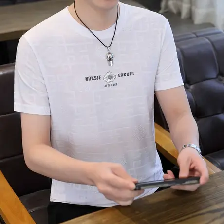 短袖T恤男2024夏季新款冰丝半袖体恤潮流时尚提花烫钻休闲上衣服图片