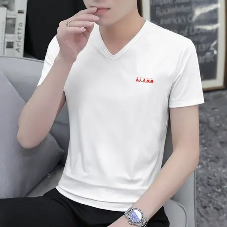 莫代尔夏季t恤男士短袖潮牌潮流V领白色上衣服冰丝半袖打底衫体恤商品大图